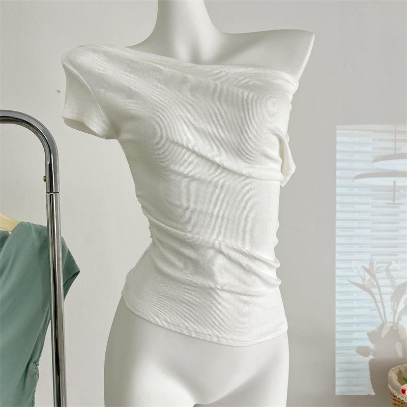 Women's Versatile T-Shirt Spot Attraction Law Pure Temperament Gentle Irregular Neckline off Shoulder Design Top_ecoleips.com