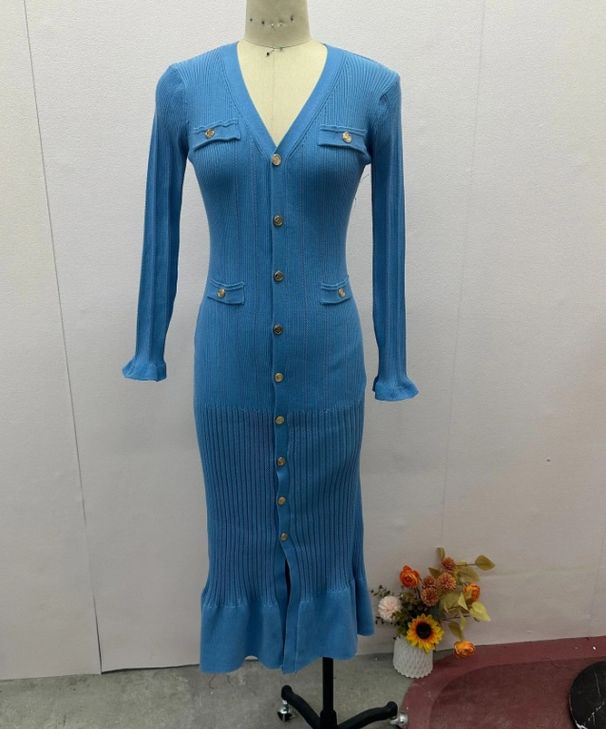 2024 Autumn New European And American Cross-Border Solid Color Round Neck Slim Fit Long Sleeve Knitted Bodycon_ecoleips.com