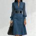 Women's Denim Shirt Dress With Stand Collar, Slim Fit Waist Belt, 2024 Spring Summer Casual Long Sleeve Jean Dress_ecoleips.com