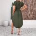 Women's Solid Color Slit Wrap Style Short Dress Spring Autumn Loose Fit Short Sleeve Tie up Casual Dress_ecoleips.com