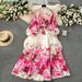 Cross Border Flower Series Spring Dress 2024 New Style High End Printing Slim Fit Long French Puff Sleeve Temperament Dress_ecoleips.com