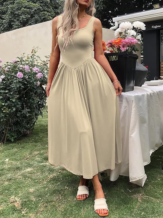 Square Neck Midi Dress With Pleated Skirt – Elegant A-Line Summer Dress For Women (S-XL) | Stretchy Polyester Casual & Office Wear_ecoleips.com