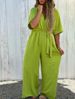 Women's Clothing Casual Solid Color V-neck Lace-up Mid-waist Pocket Jumpsuit_ecoleips.com