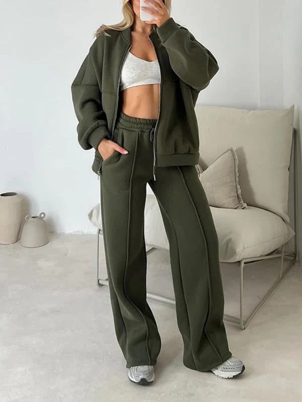 Women's Clothing New Fashion Casual Suit Solid Color Long Sleeved Sweatshirt Zipper Trousers Two Piece Suit_ecoleips.com