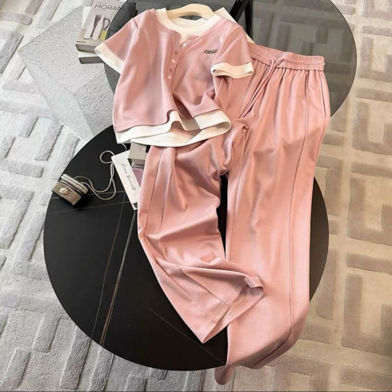 Women's Clothing Salty Outfit Casual Sports Suit For Women Summer Trendy Age Reducing Pink Short Sleeved Top Wide Leg Pants Two Piece Suit_ecoleips.com