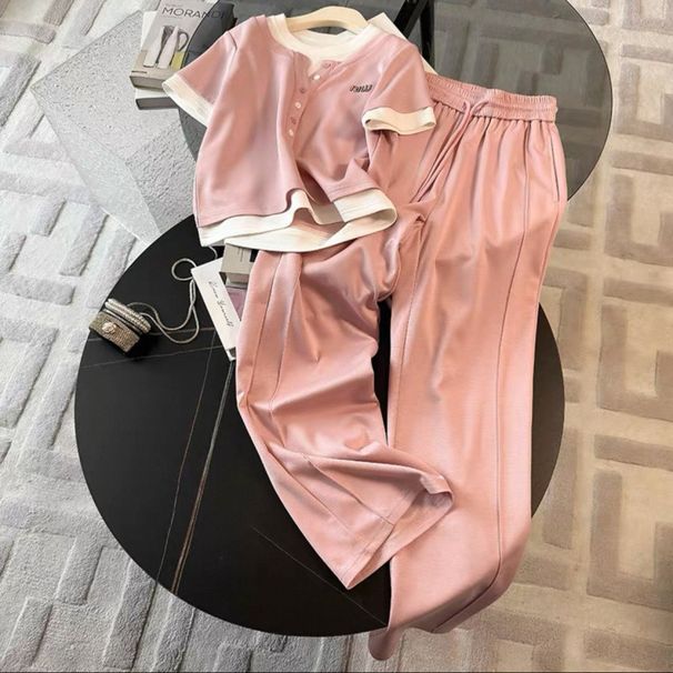 Women's Clothing Salty Outfit Casual Sports Suit For Women Summer Trendy Age Reducing Pink Short Sleeved Top Wide Leg Pants Two Piece Suit_ecoleips.com