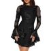 French-style Fashionable Elegant Lady Dress With Mesh, See-through Floral Embroidery, Bell Sleeves, And Short Skirt,_ecoleips.com