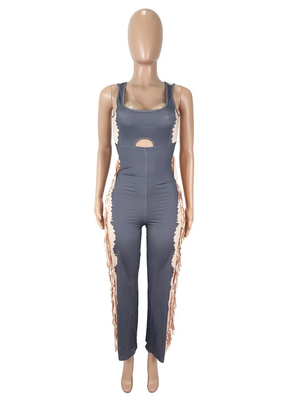 K Women's Fashion Contrasting Color Personalized Tassel Casual Leggings Jumpsuit_ecoleips.com