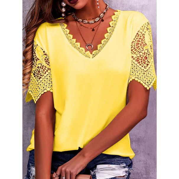 Women's Lace Trim V-Neck Relaxed Fit Short Sleeve T-Shirt - Breathable Casual Blouse For Everyday Comfort_ecoleips.com