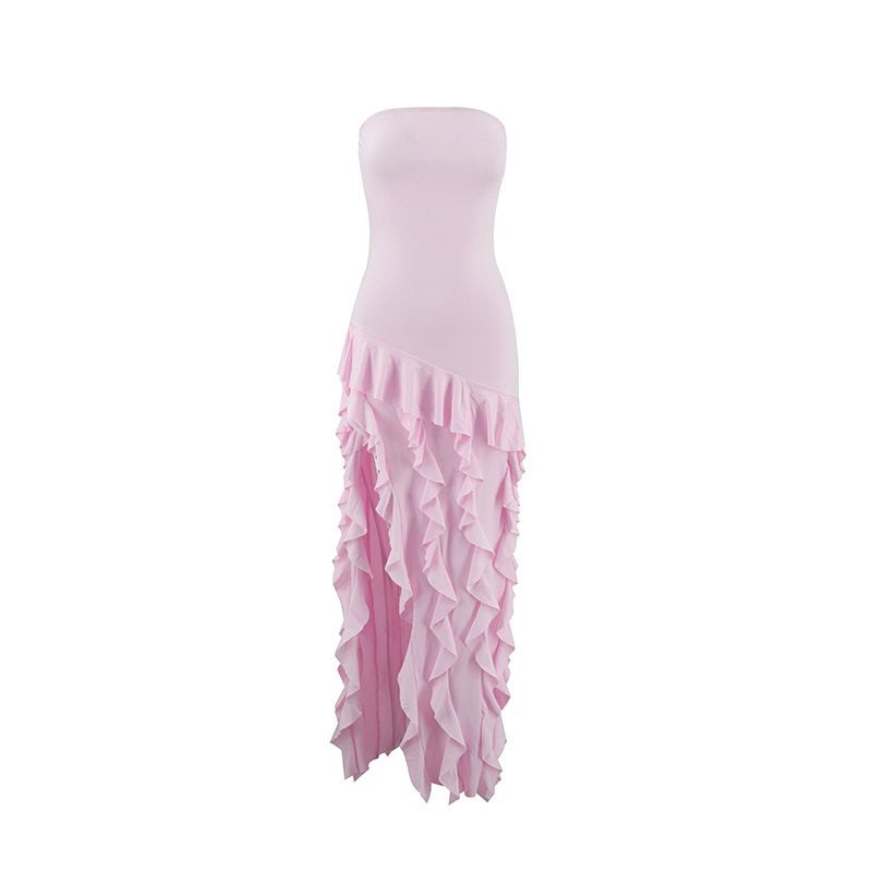 Women's Clothing style summer new hot products tube top wood ear edge solid color side slit temperament dress_ecoleips.com