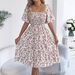 Women's Floral Print Smocked Waist Short Sleeve Dress, Ruffle Hem A-Line Swing Dress For Spring Summer_ecoleips.com