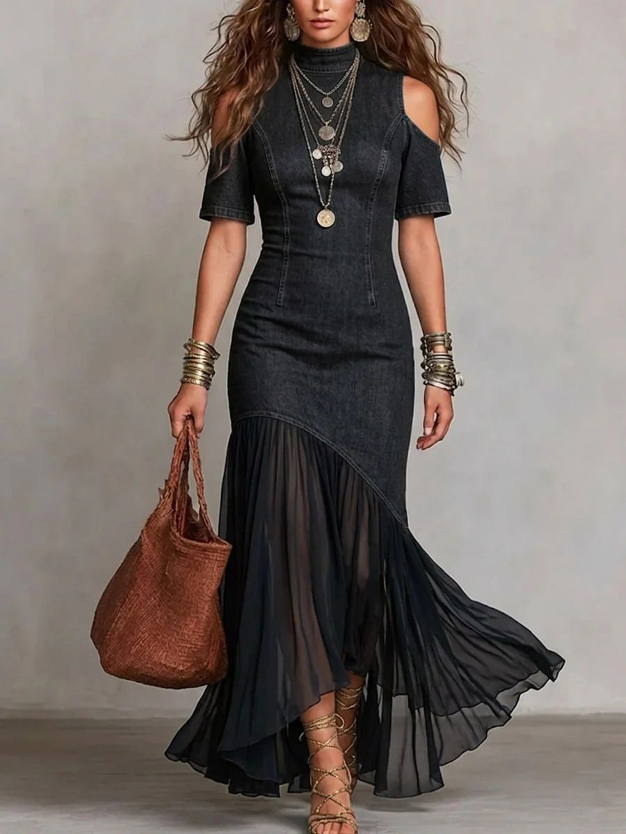 Women's Clothing Elegant Off-Shoulder Style Dress Short Sleeve Mesh Hem Women's Spring/Summer For Formal & Casual_ecoleips.com