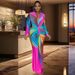 Women's Fashion Dress – Crinkle Textured Color-Block V-Neck Long Sleeve Bodycon Dress (S-Xxl, Blue & Rose Pink)_ecoleips.com