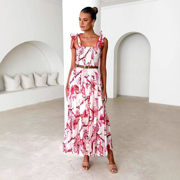 Women's Clothing Spring And Summer Flower Printed Sling With Elastic Waist And Knotted Shoulder Strap With Large Dress_ecoleips.com