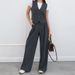Summer Women's Sleeveless Vest & Pants Set – Office Commuter Outfit, Breathable Polyester Blend, Grey & Brown_ecoleips.com