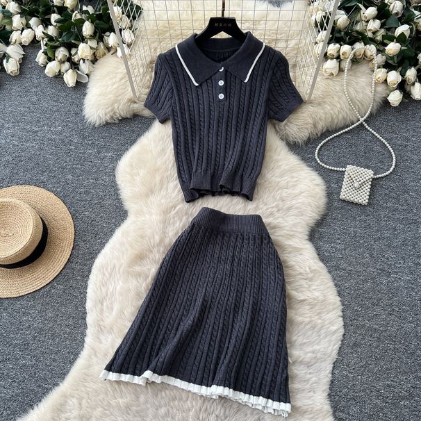 Preppy Style Women's Polo Collar Knit Two Piece Set Slimming Short Sleeve Top Elegant Skirt Set for Summer Commuting_ecoleips.com