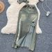 Women's Clothing Retro Halterneck Sleeveless Lapel Raw Edge Denim Top Two Piece Set Slit Slim Skirt_ecoleips.com
