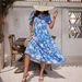 Elegant Long Dress For Women Large Floral Design Multi Layer Ruffles Blue Style_ecoleips.com