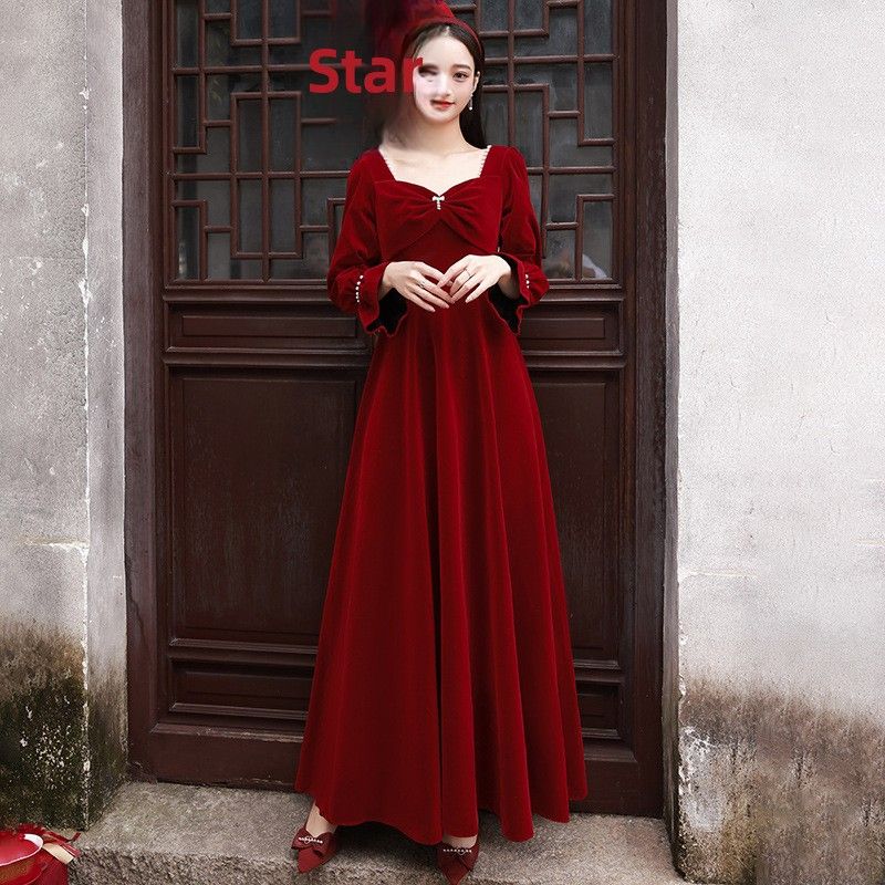 Velvet Long-sleeve Toast Dress For Bride, 2026 New Model, Wedding Engagement Homecoming Thank-you Banquet Burgundy_ecoleips.com