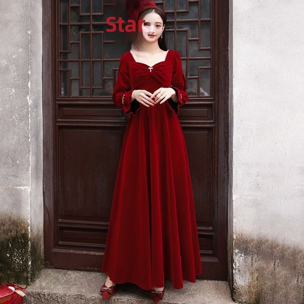 Velvet Long-sleeve Toast Dress For Bride, 2026 New Model, Wedding Engagement Homecoming Thank-you Banquet Burgundy_ecoleips.com