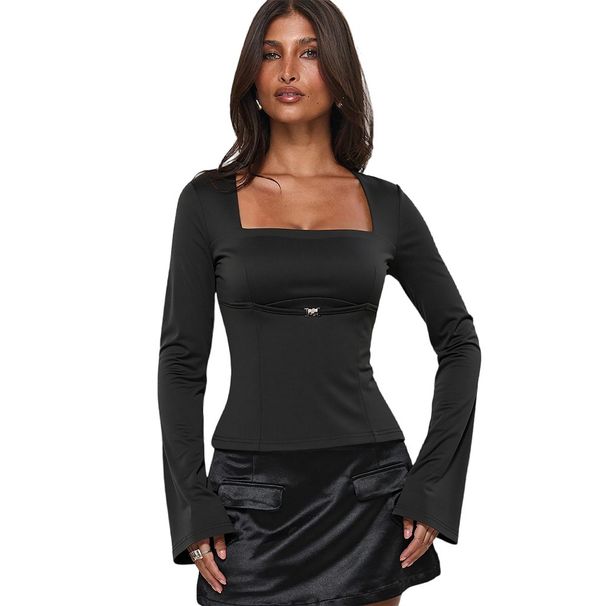 Voya Unique Design Black Top For Women With Square Neckline, M-shaped Metal Buckle, Pleated Details, Slightly Flared Long_ecoleips.com