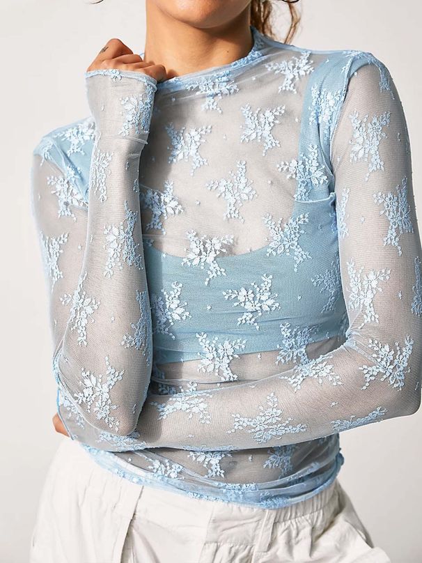 Women's Clothing See Through Lace Tops Mesh Multicolor Long Sleeve Bottoming Shirt Sexy Hotties_ecoleips.com