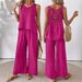 Aria Basics Cross-border Women's Clothing Spring/summer Solid Color Hollow Lace Two-piece Set Casual Tank Top Wide-leg Pants_ecoleips.com