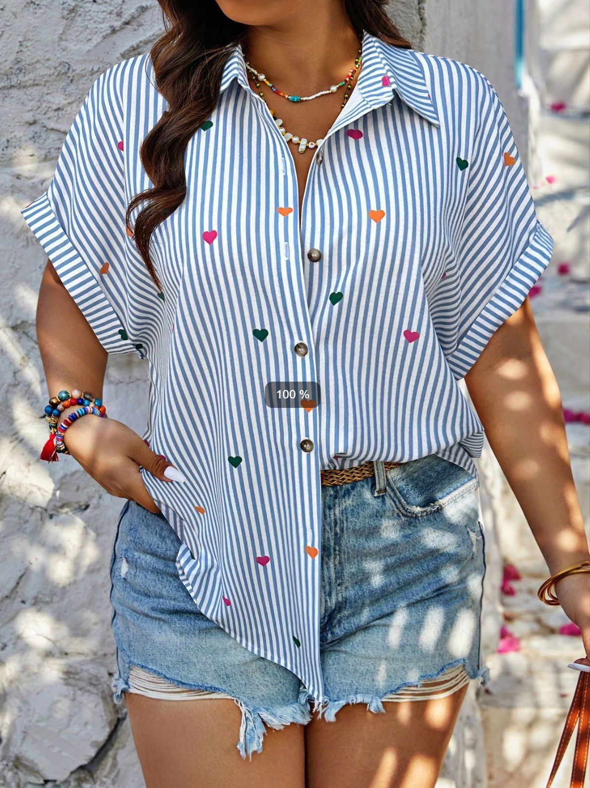 Plus Size Striped Print Shirt – Women's 3/4 Sleeve Cotton Blend Tunic Top, Relaxed Fit For Work & Summer (4 Colors | 0xl-4xl)_ecoleips.com