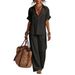 Women's 3D Textured V-Neck Tunic And Palazzo Pants Set Loose Fit Breathable Linen-Like Outfit in Black Matcha Royal Blue Camel Yellow White_ecoleips.com