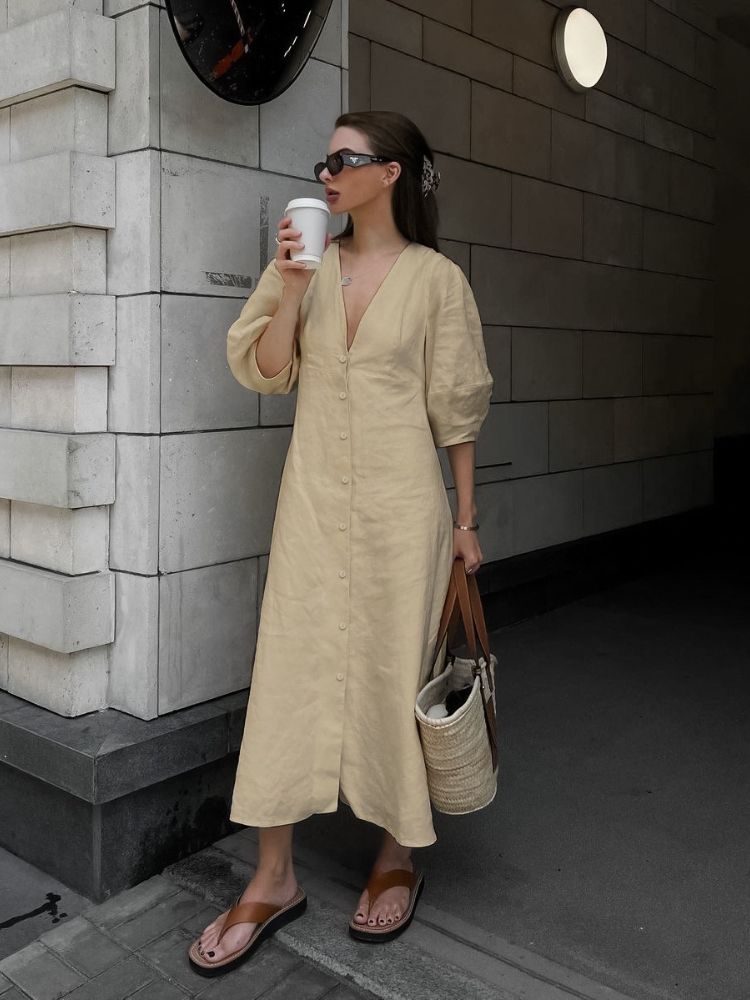 Freeacy Women's Solid Color Cotton And Linen Dress V-neck Puff Sleeves Buttoned Loose Fit Midi Dress Autumn Casual A-line Dress_ecoleips.com