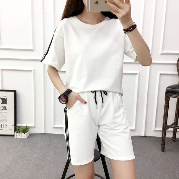 Three-stripe Short-sleeve Shorts Sports Suit 2024 Summer Women's Loose Sweatshirt Student Running Casual Two-piece Set_ecoleips.com