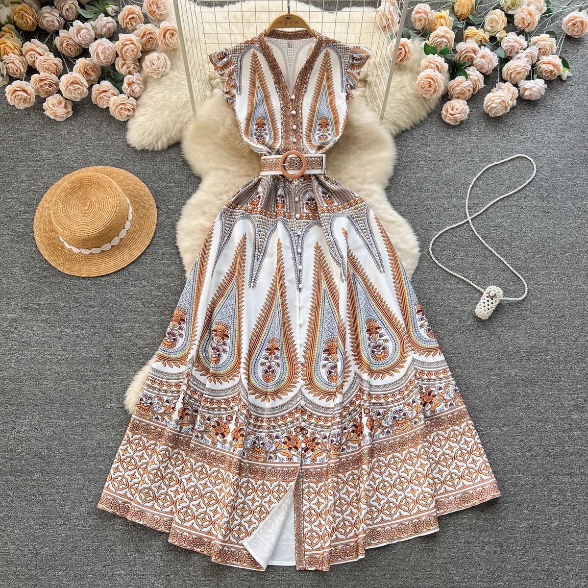 Women's Clothing Design Printed Temperament V Neck Buttoned Slim Long Flying Sleeves Holiday Dress_ecoleips.com