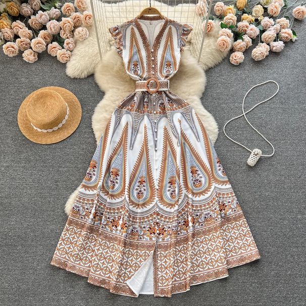 Women's Clothing Design Printed Temperament V Neck Buttoned Slim Long Flying Sleeves Holiday Dress_ecoleips.com
