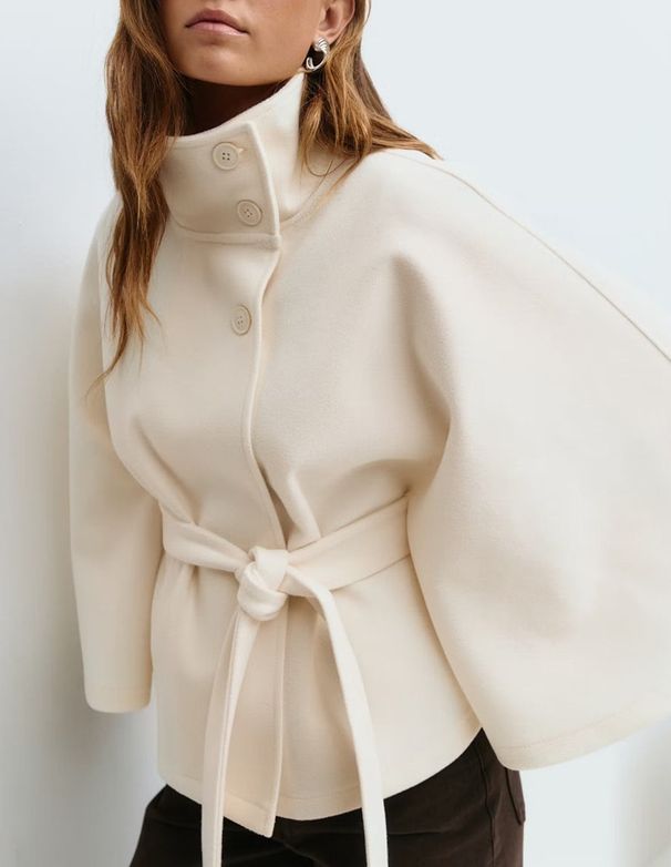 Women's Clothing Autumn And Winter New Fashion Solid Color Cape Stand Collar Button Belt Windbreaker Jacket_ecoleips.com