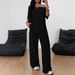 Women's Casual Solid Color Sports Two Piece Loose Trousers American Style Slanted Collar Wide Leg Pants Suit For Spring Autumn_ecoleips.com
