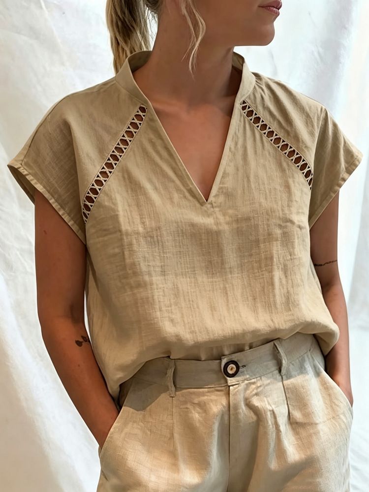 Women's Casual V-Neck Short Sleeve T-Shirt Regular Fit Pullover Top New Arrival_ecoleips.com