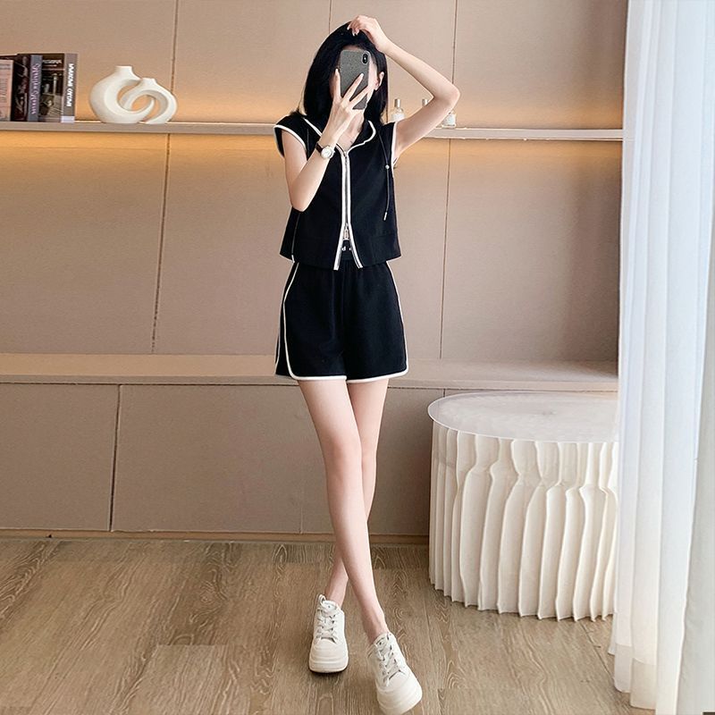 Women's Clothing Summer New Style Hooded Slim Short Sleeve High Waist Shorts Two Piece Suit_ecoleips.com