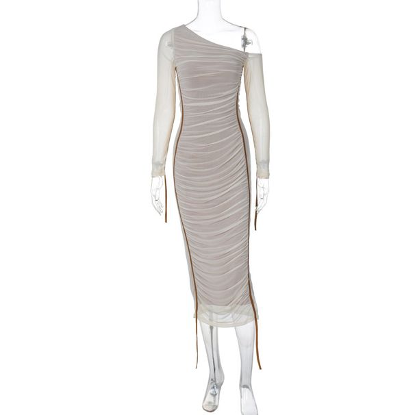 2025 Spring New Women's Long Sleeve Mesh Patchwork Asymmetrical Shoulder Mid-Length Fashion Pleated Dress For Women_ecoleips.com