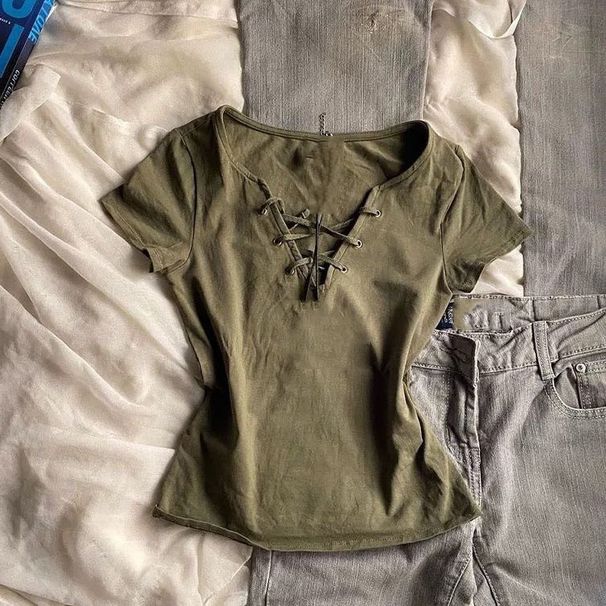 Retro American Short Sleeve V-neck T-shirt Women's Summer New Sweet Cool Style Hot Girl Waist-cinching Top Trendy Knitted Moi..._ecoleips.com