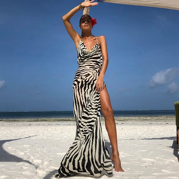 Women's Zebra Print High Slit Dress European American Style 2025 Fashion Tie Waist See through Sexy Resort Look_ecoleips.com