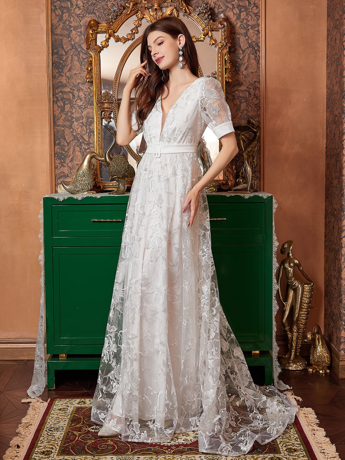 Women's Clothing Retro Long Slim V Neck Mesh Light Luxury Elegant Backless Small Tail Dress_ecoleips.com