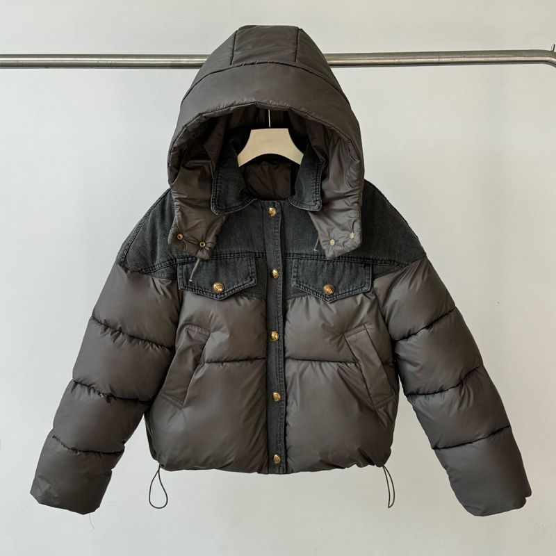 Women's Denim Patchwork Puffer Jacket Winter New Thickened Short Loose Fit Detachable Hood Casual Coat_ecoleips.com