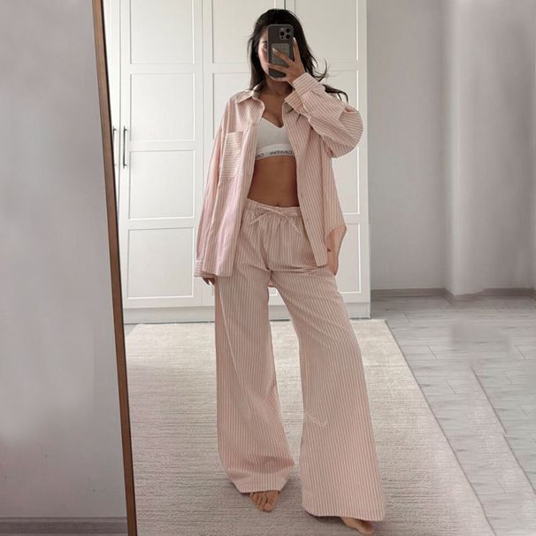 Ladies Long Sleeved Striped Trousers Loose Fit Casual Simple Fashion Suit Russian American Styles_ecoleips.com