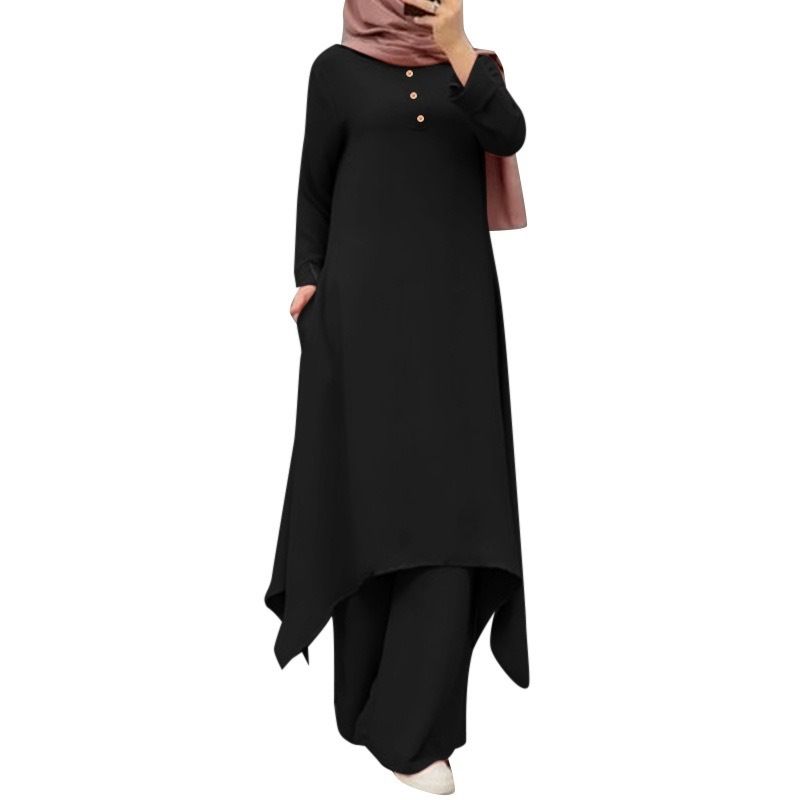 Verve 2025 New Muslim Simple Casual Solid Color Round Neck Decorated Wooden Button Long Sleeve Pants Set_ecoleips.com