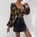 Voya Women's Retro Light Mature Style Printed T-shirt With Spring And Summer Square Collar And Bubble Sleeves, Short Floral Top_ecoleips.com