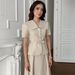 girl 2025 Autumn New European And American Cross-Border Women's Fashion Light Beige Lapel Tie Waist Dress Set Elegant Party_ecoleips.com