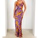 2025 Spring/Summer Women's Fashion New European And American Style Purple Printed V-Neck Long Slim Fit Sexy High-Waisted_ecoleips.com