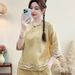 Spring/Summer Loose Embroidered Cotton-Linen Tops, Women's Artistic Frog Button, Ethnic Style Color-Block Three-Quarter_ecoleips.com