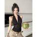 Spicy Girl Halter Neck Black Camisole For Women, Summer Low V-Neck Sleeveless Backless Inner Wear Mesh Short Top_ecoleips.com