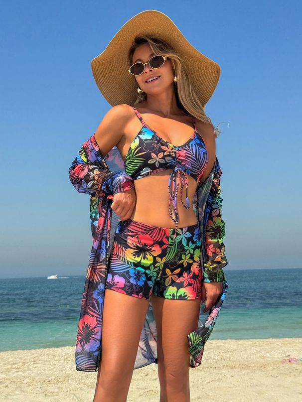 Women's Clothing Swimsuit Sexy Sun Protection Three Piece Set Chiffon Printed Multi-Color Bikini Cover Up_ecoleips.com